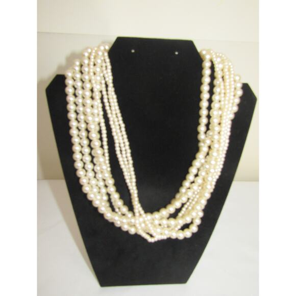 Cream Beaded Multi Stand Faux PearlNecklace 20" Whimsical Neutral Minimalist - Picture 1 of 9